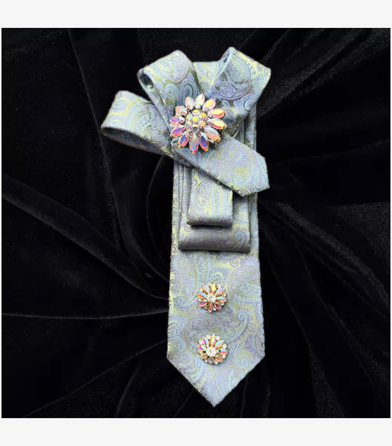Elegant Blue Paisley Rhinestone Tie – Pastel Luxe Edition